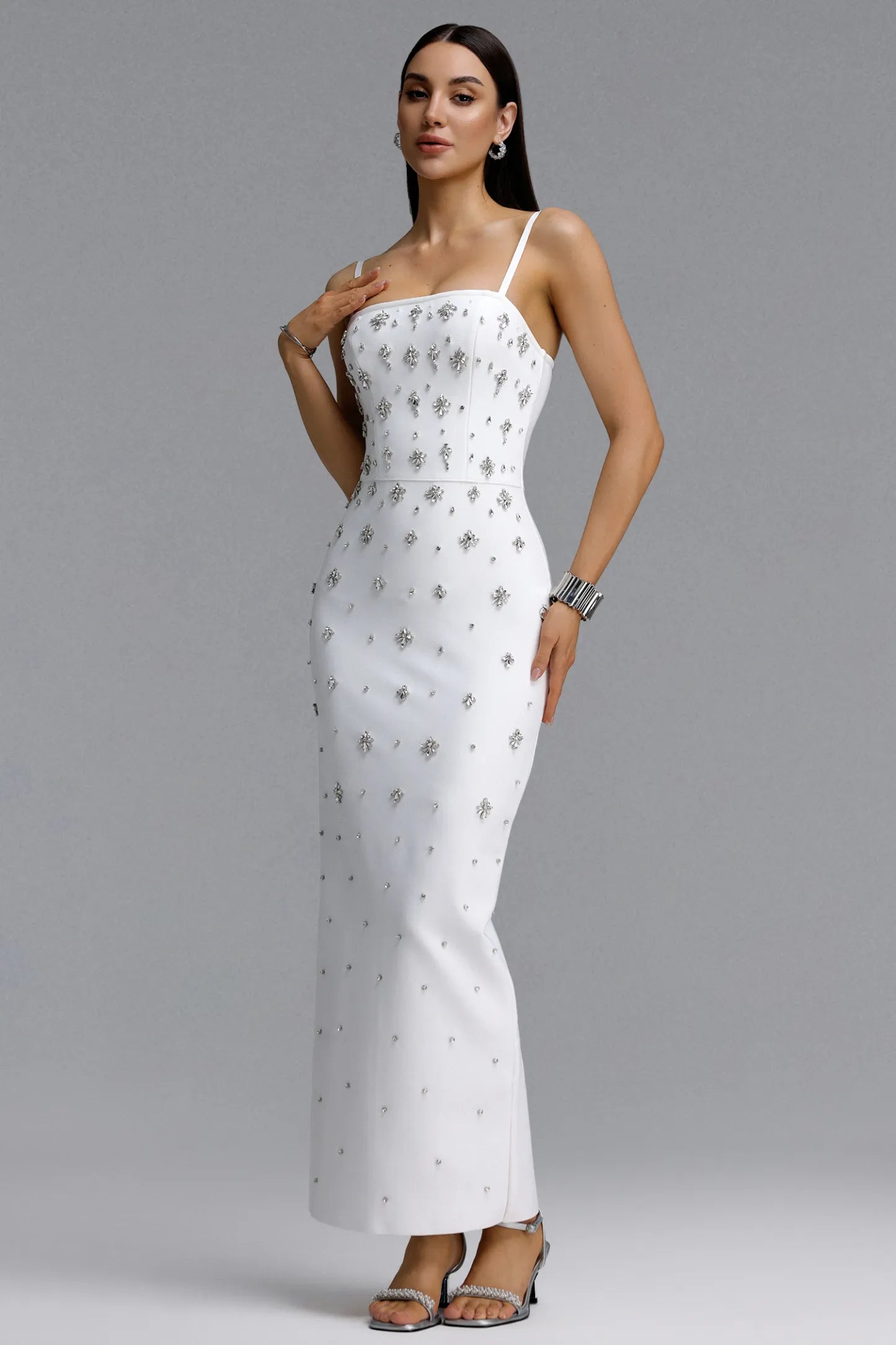 White Crystal Embellished Spaghetti Strap Column Gown