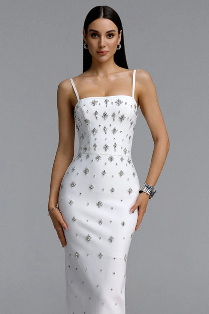 White Crystal Embellished Spaghetti Strap Column Gown