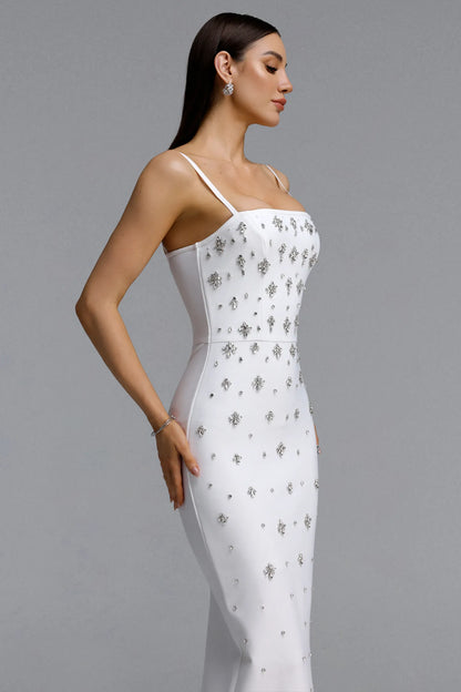 White Crystal Embellished Spaghetti Strap Column Gown
