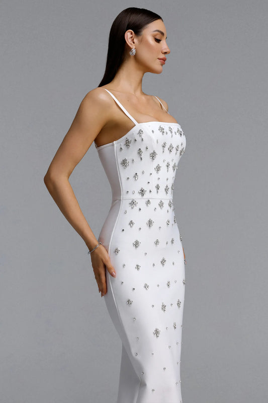White Crystal Embellished Spaghetti Strap Column Gown