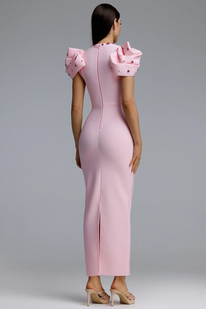 Light Pink Crystal Embellished Ruffle Sleeve Column Gown