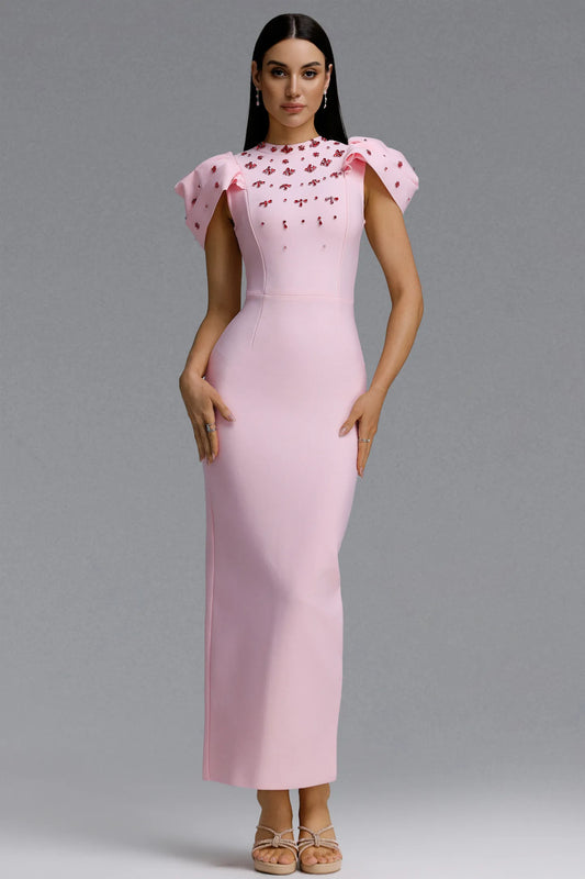 Light Pink Crystal Embellished Ruffle Sleeve Column Gown