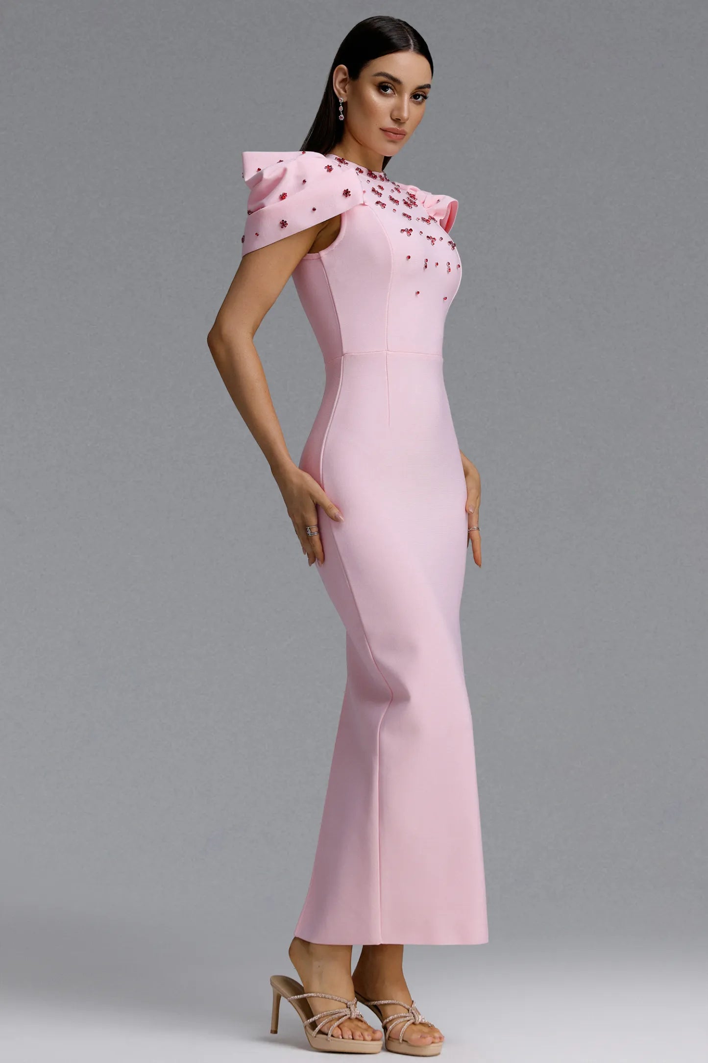 Light Pink Crystal Embellished Ruffle Sleeve Column Gown