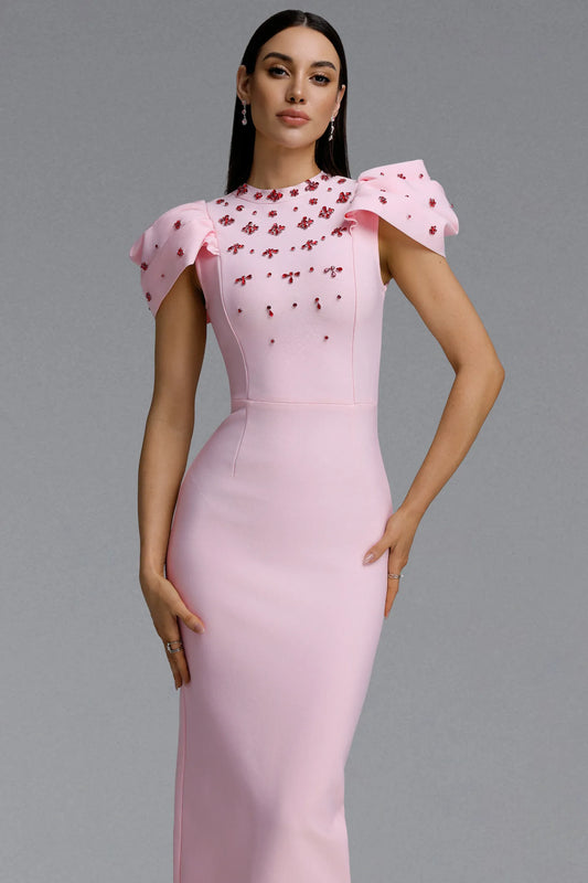 Light Pink Crystal Embellished Ruffle Sleeve Column Gown