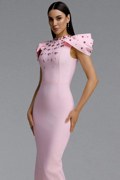 Light Pink Crystal Embellished Ruffle Sleeve Column Gown