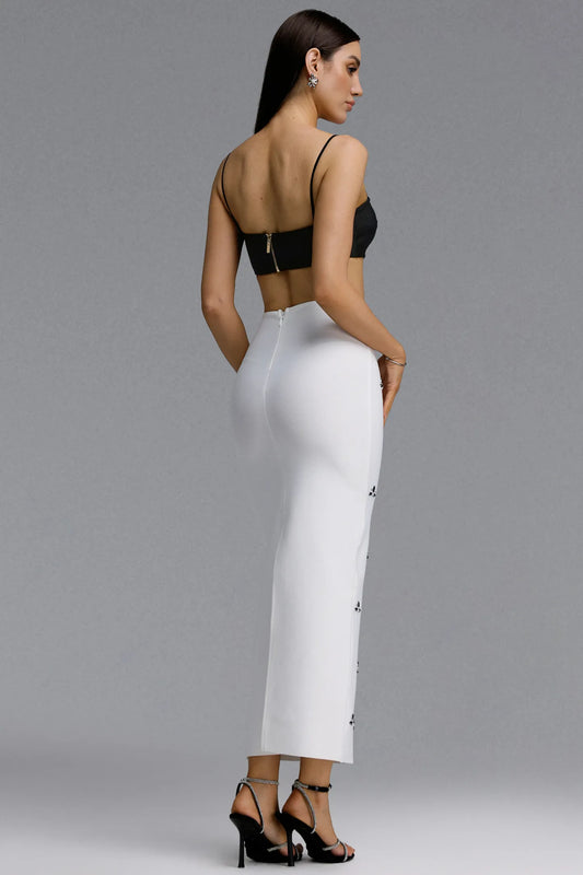 Black and White Cutout Crystal Embellished Midi Dress