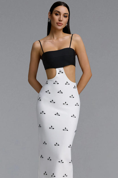Black and White Cutout Crystal Embellished Midi Dress