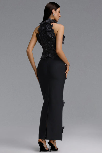 Black Sequin and 3D Floral Appliqué Column Gown