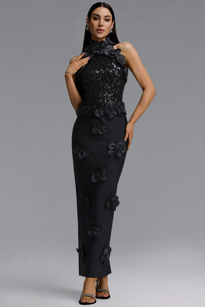Black Sequin and 3D Floral Appliqué Column Gown
