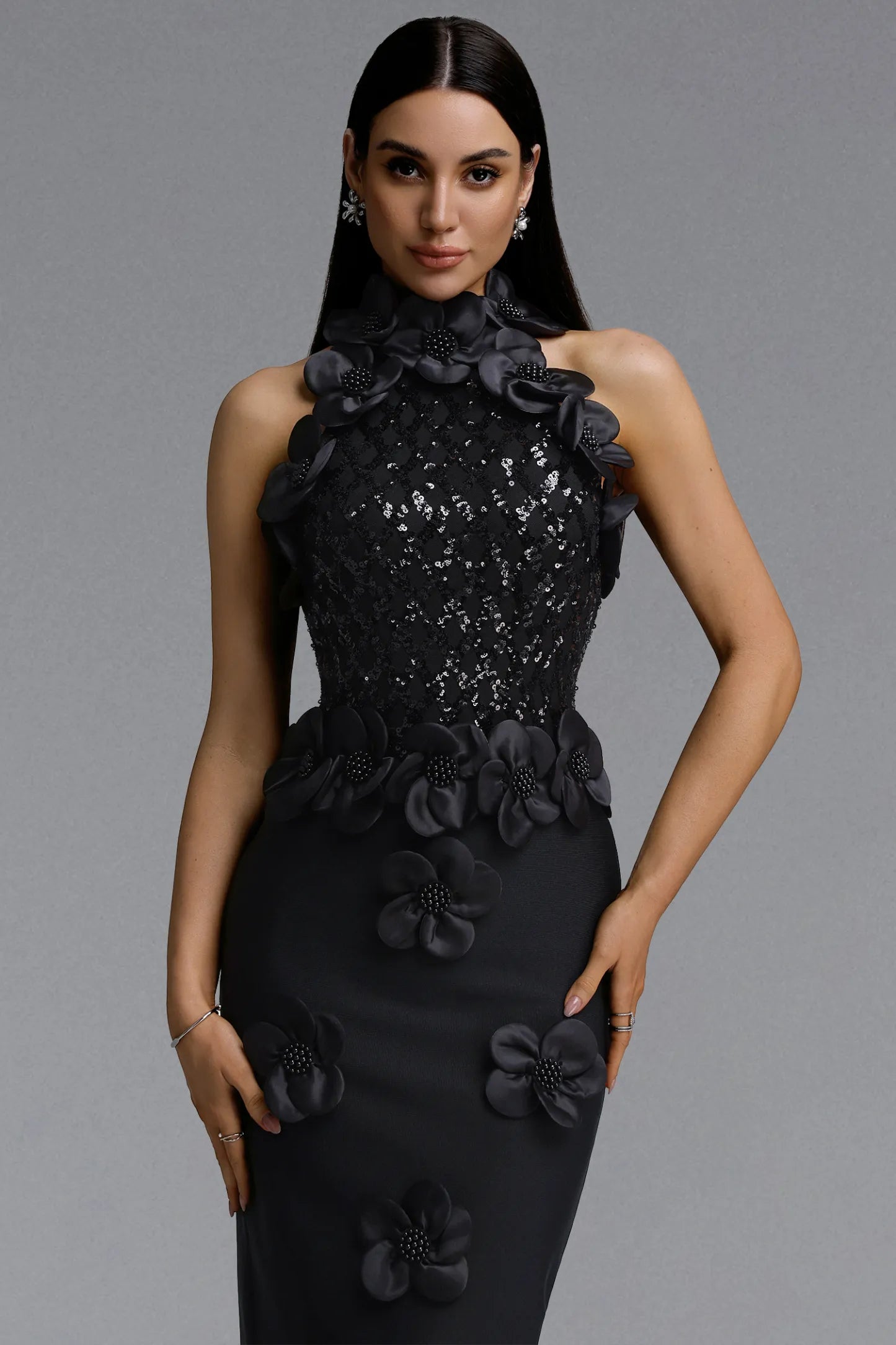 Black Sequin and 3D Floral Appliqué Column Gown