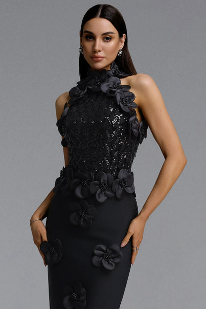 Black Sequin and 3D Floral Appliqué Column Gown