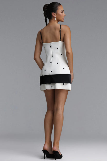 White and Black Polka Dot Mini Dress with Oversized Bow