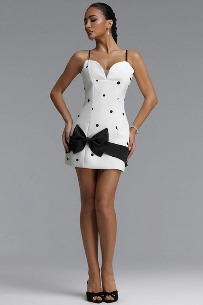 White and Black Polka Dot Mini Dress with Oversized Bow