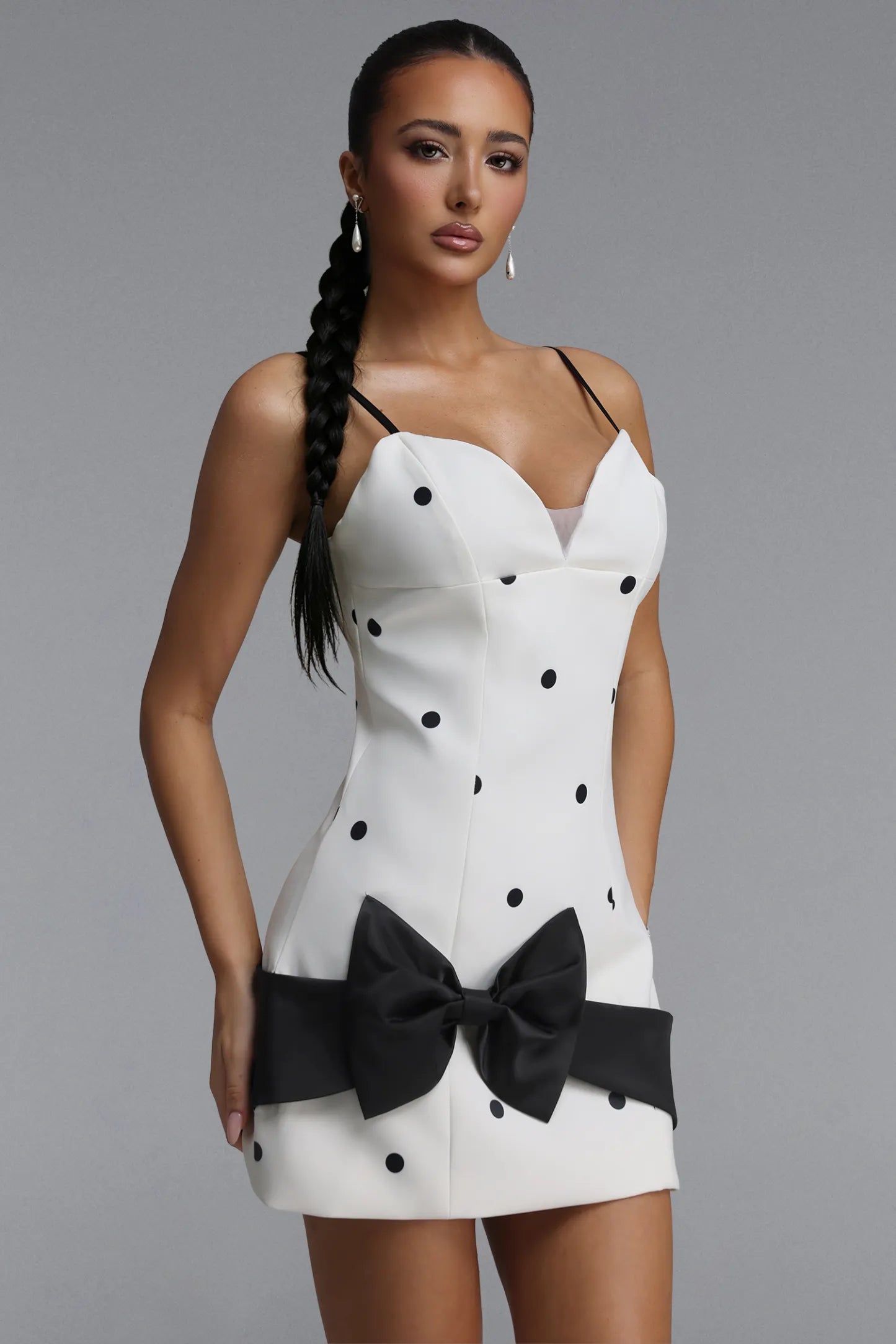White and Black Polka Dot Mini Dress with Oversized Bow