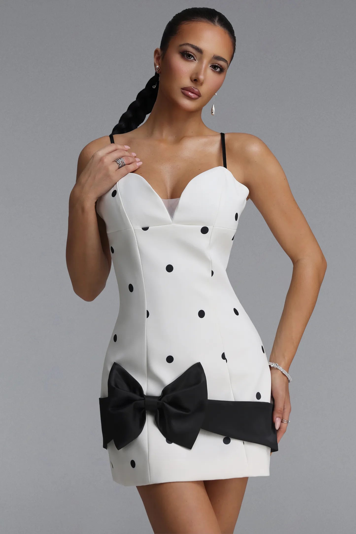 White and Black Polka Dot Mini Dress with Oversized Bow
