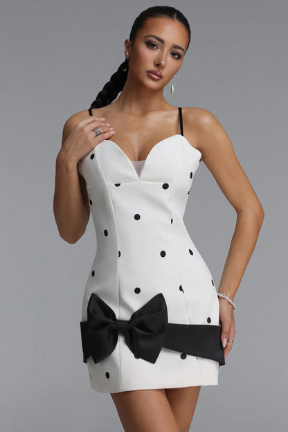 White and Black Polka Dot Mini Dress with Oversized Bow
