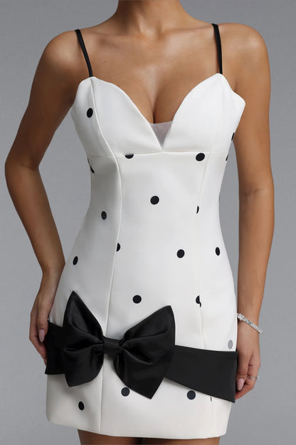 White and Black Polka Dot Mini Dress with Oversized Bow