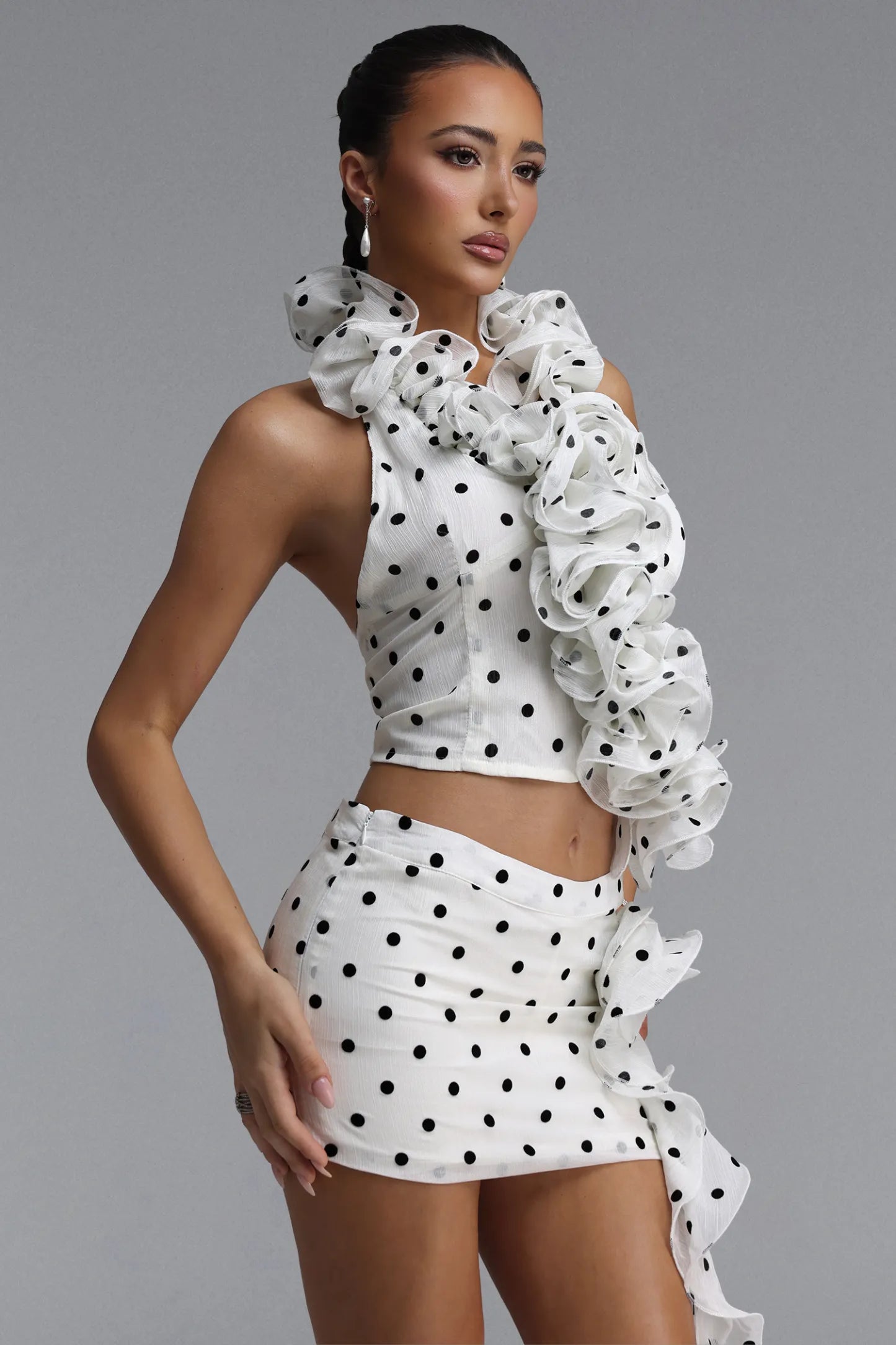 White and Black Polka Dot Cascading Ruffle Two-Piece Set