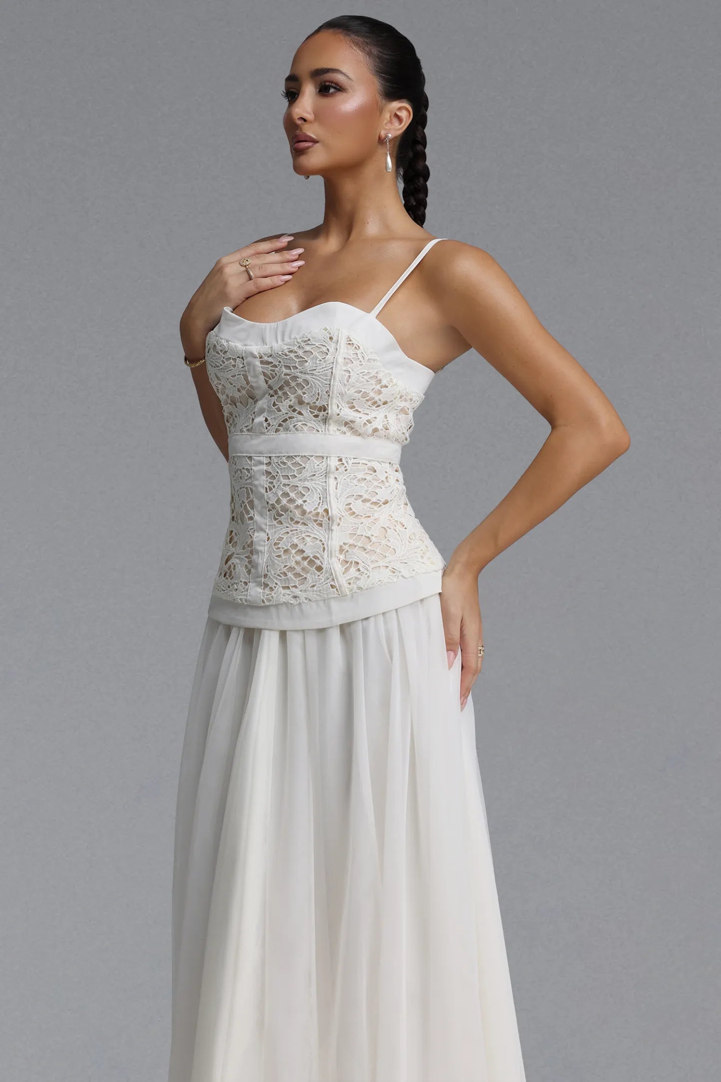 Ivory Lace Corset and Chiffon Maxi Dress