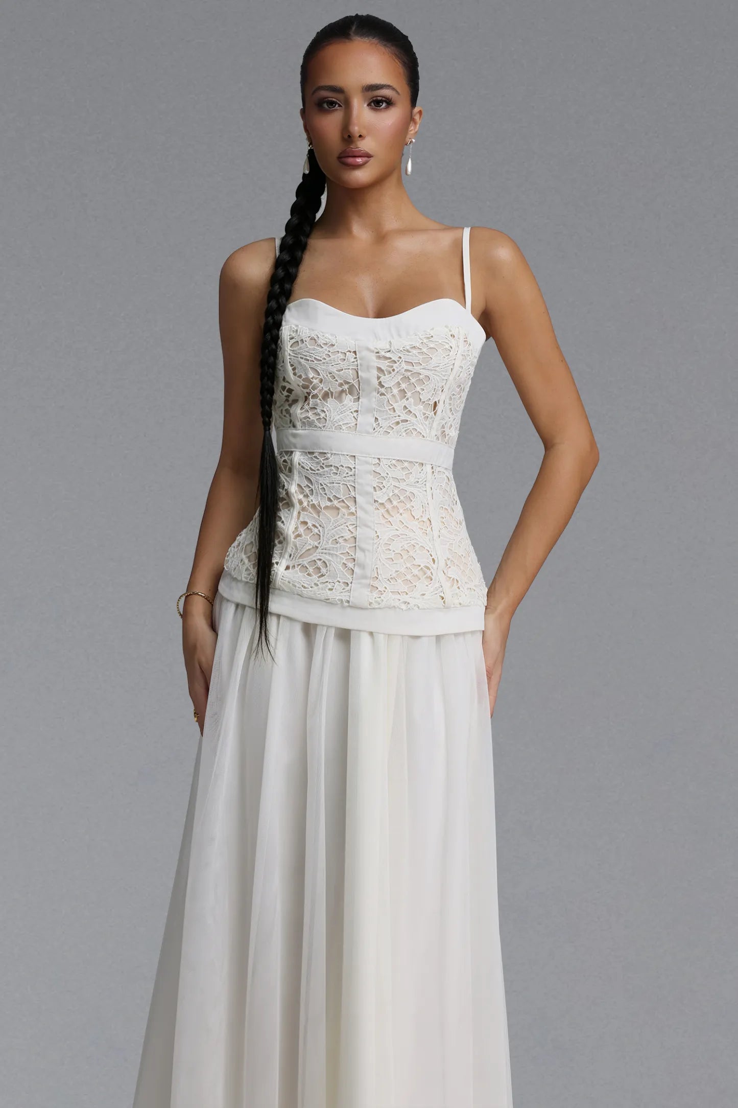 Ivory Lace Corset and Chiffon Maxi Dress