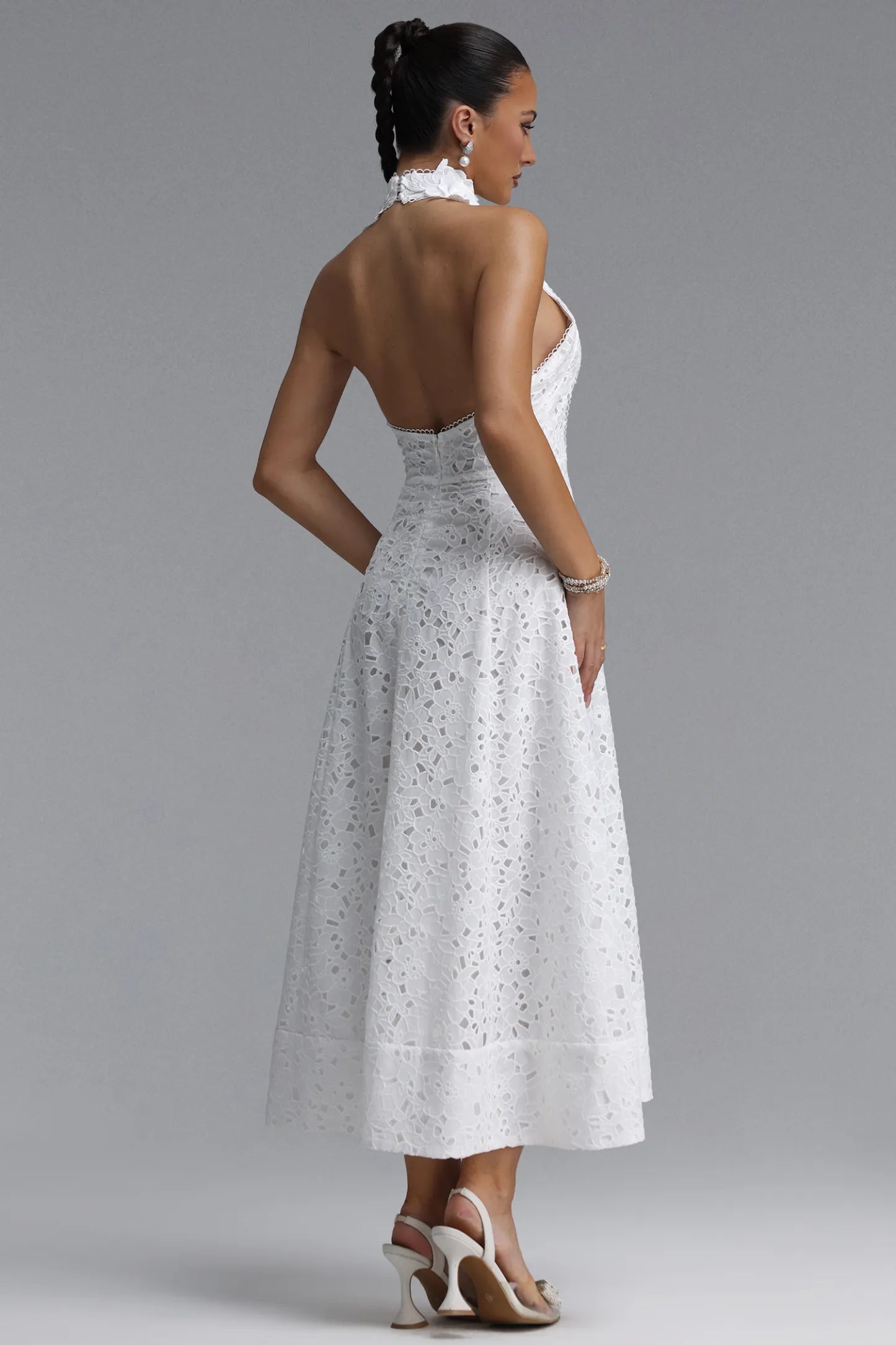 Floral Appliqué Halter Guipure Lace Dress - Pure White