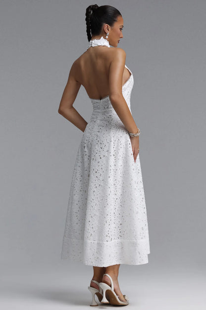 Floral Appliqué Halter Guipure Lace Dress - Pure White