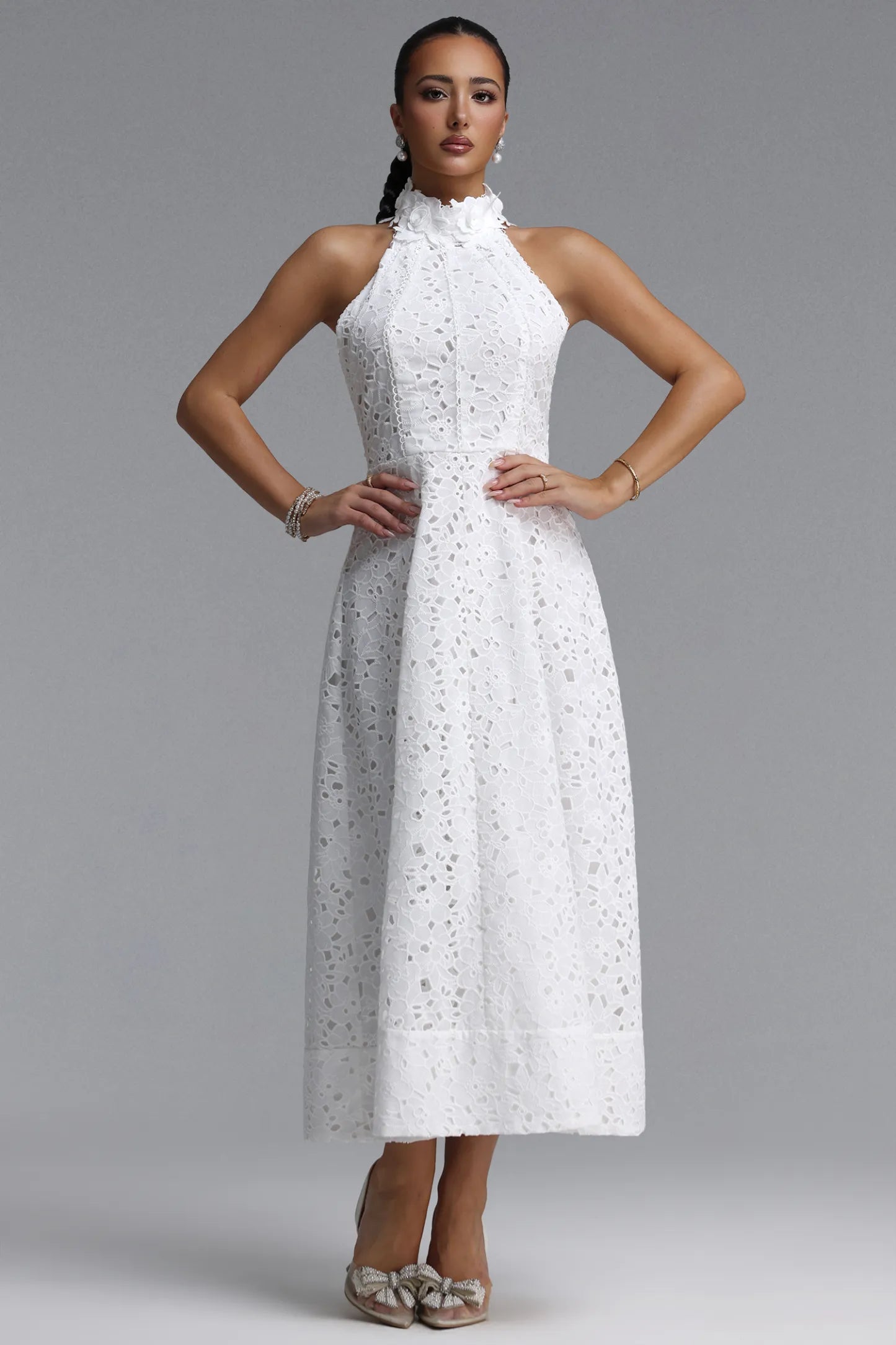 Floral Appliqué Halter Guipure Lace Dress - Pure White
