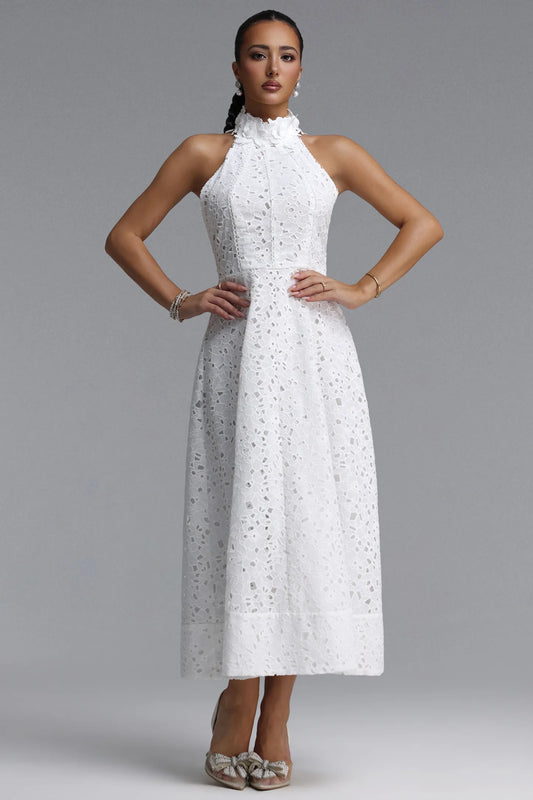 Floral Appliqué Halter Guipure Lace Dress - Pure White