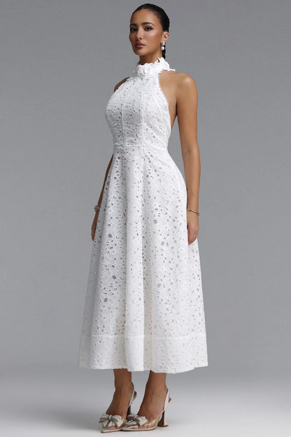 Floral Appliqué Halter Guipure Lace Dress - Pure White