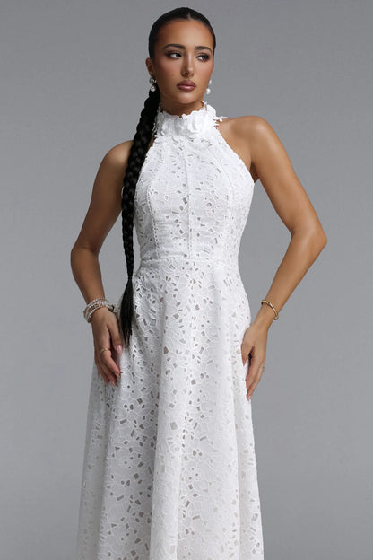 Floral Appliqué Halter Guipure Lace Dress - Pure White