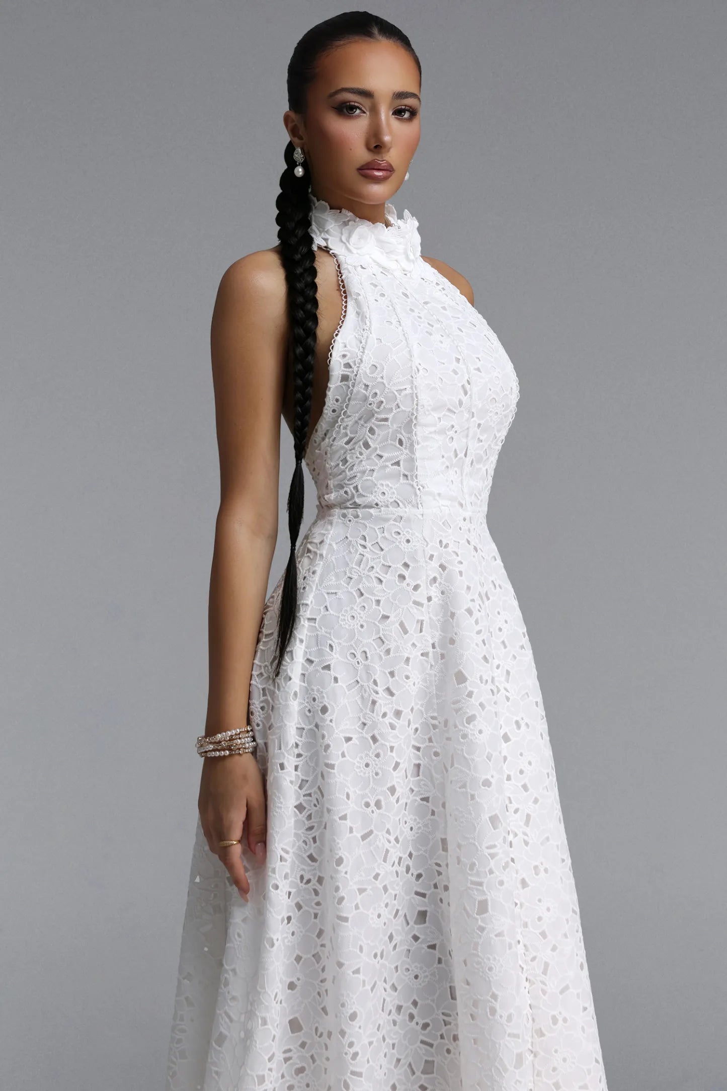 Floral Appliqué Halter Guipure Lace Dress - Pure White