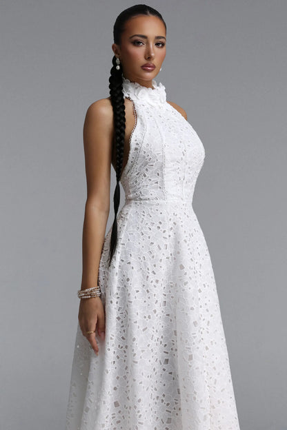 Floral Appliqué Halter Guipure Lace Dress - Pure White
