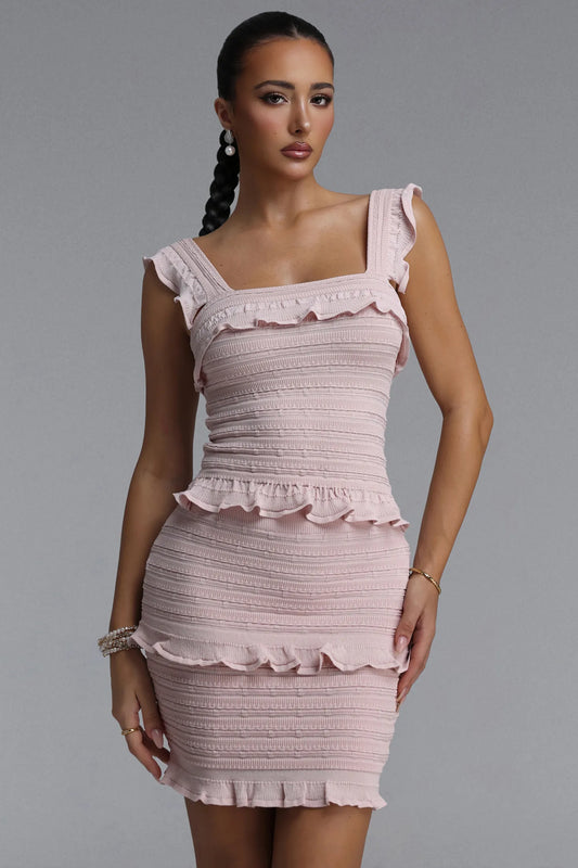 Blush Pink Shirred Ruffle Bodycon Mini Dress