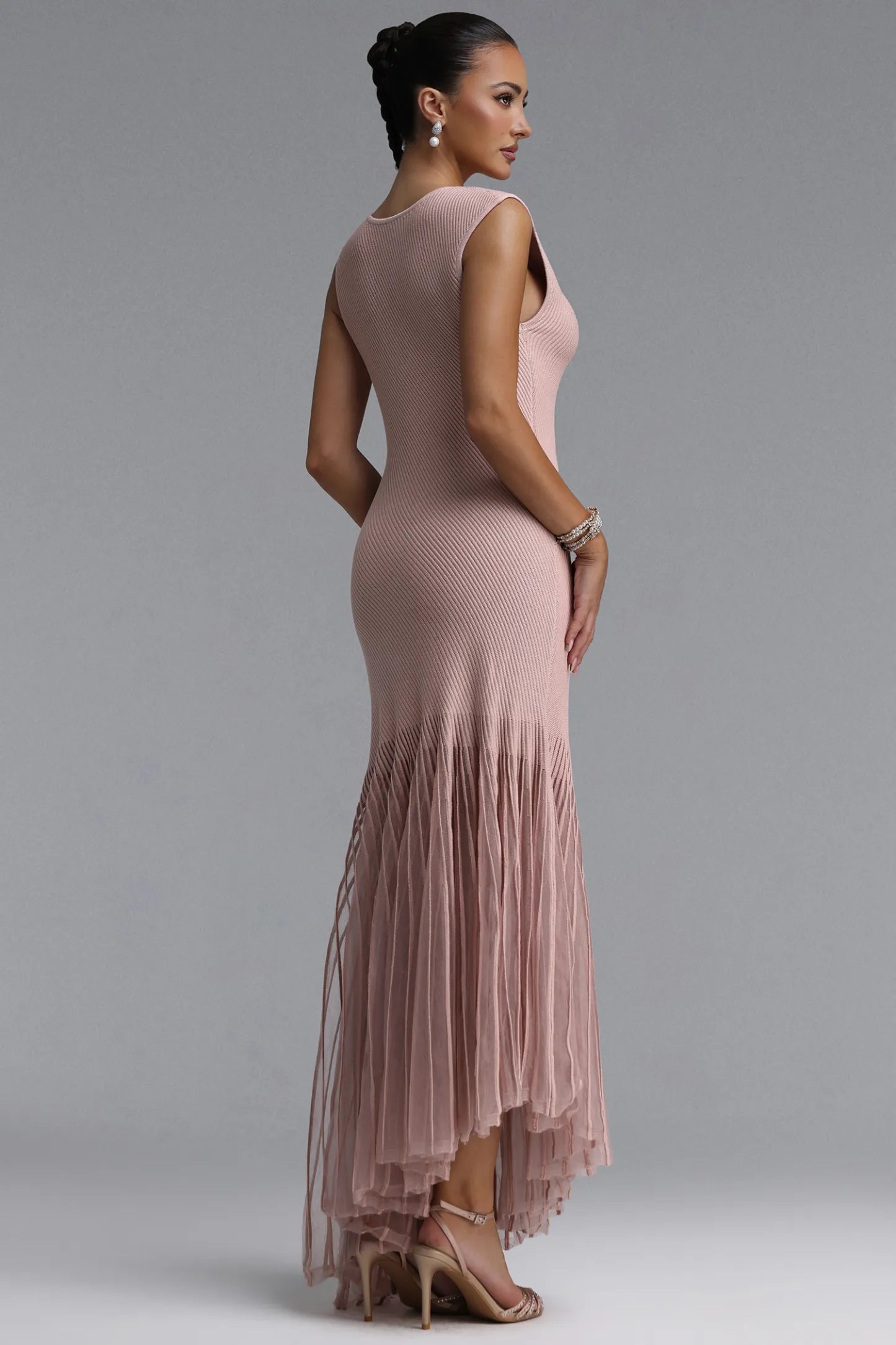 Dusty Rose Ribbed Knit and Sheer Pleated Maxi Dress