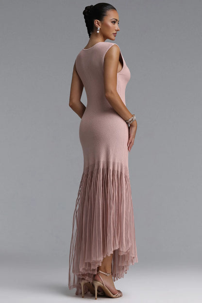 Dusty Rose Ribbed Knit and Sheer Pleated Maxi Dress
