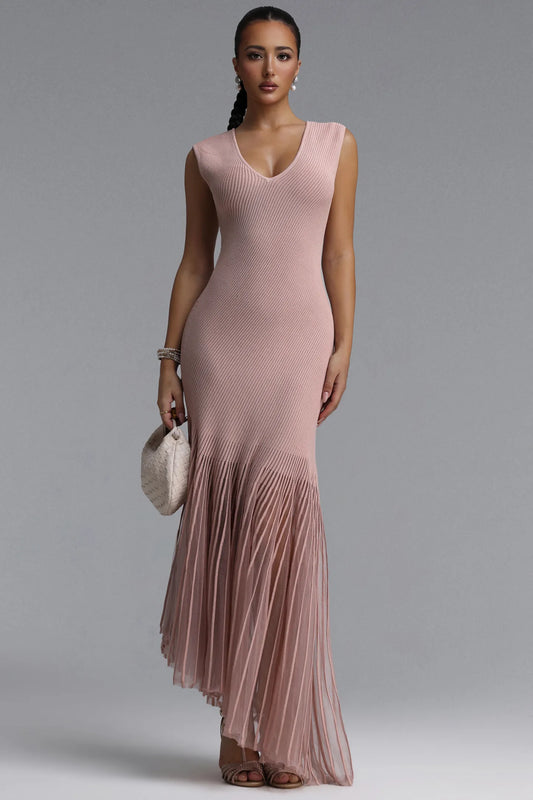 Dusty Rose Ribbed Knit and Sheer Pleated Maxi Dress