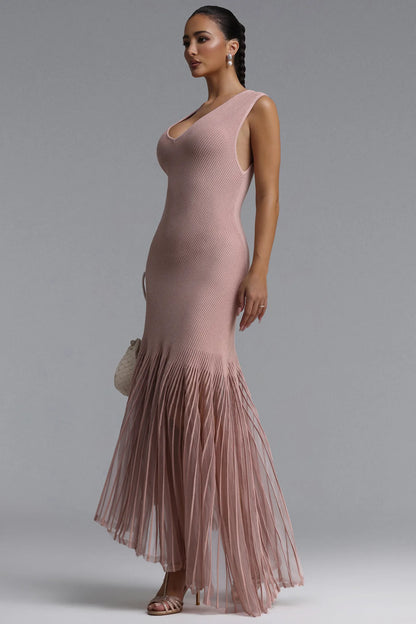 Dusty Rose Ribbed Knit and Sheer Pleated Maxi Dress