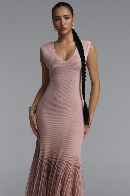 Dusty Rose Ribbed Knit and Sheer Pleated Maxi Dress