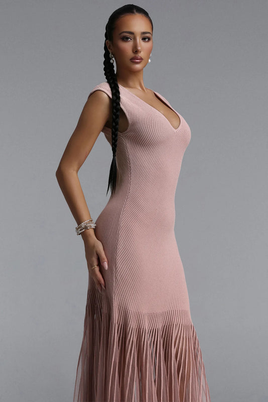 Dusty Rose Ribbed Knit and Sheer Pleated Maxi Dress