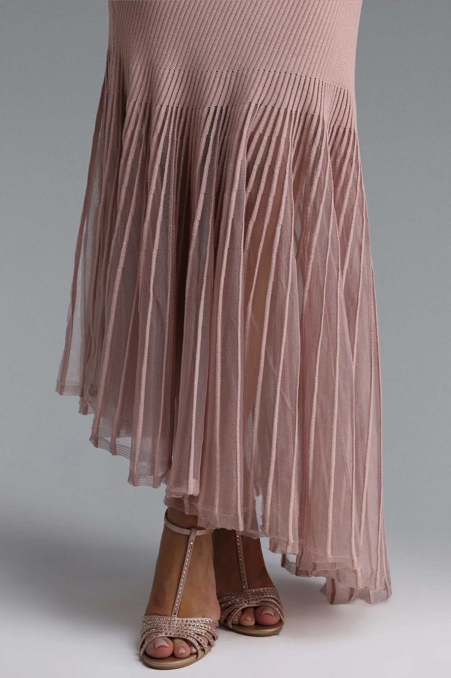 Dusty Rose Ribbed Knit and Sheer Pleated Maxi Dress