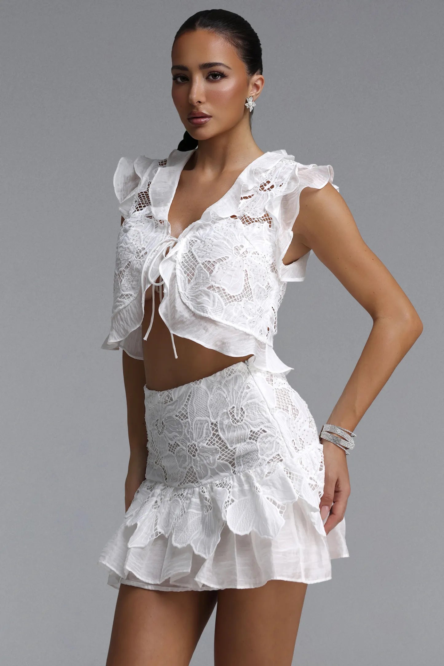 White Floral Lace Ruffle Two-Piece Set