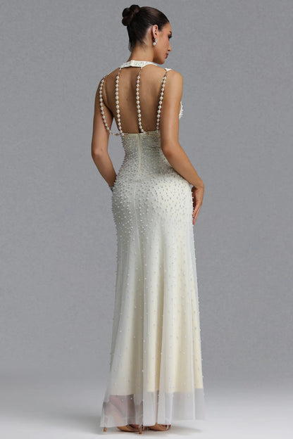 Ivory Pearl-Embellished Cutout Evening Gown