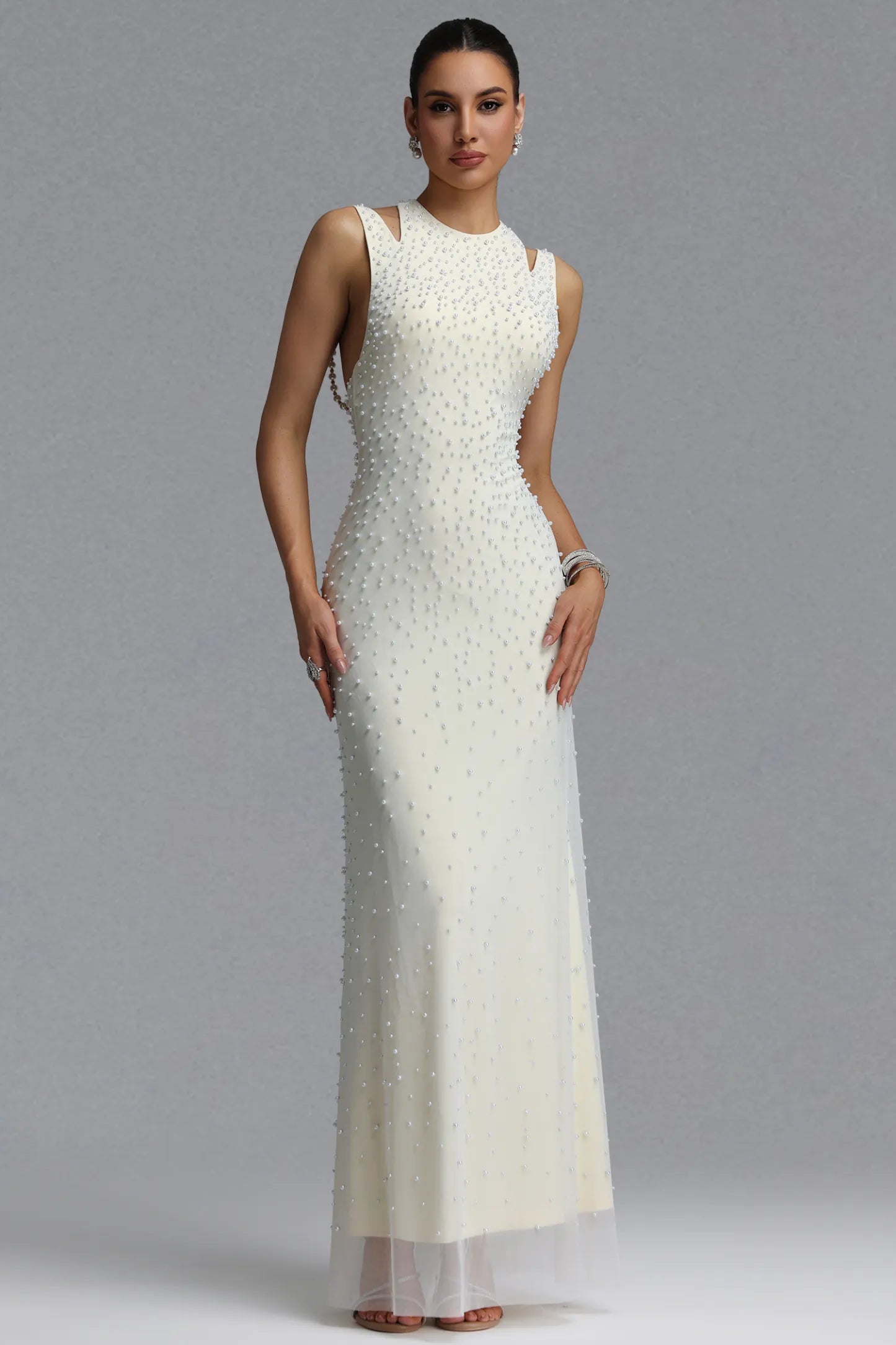 Ivory Pearl-Embellished Cutout Evening Gown