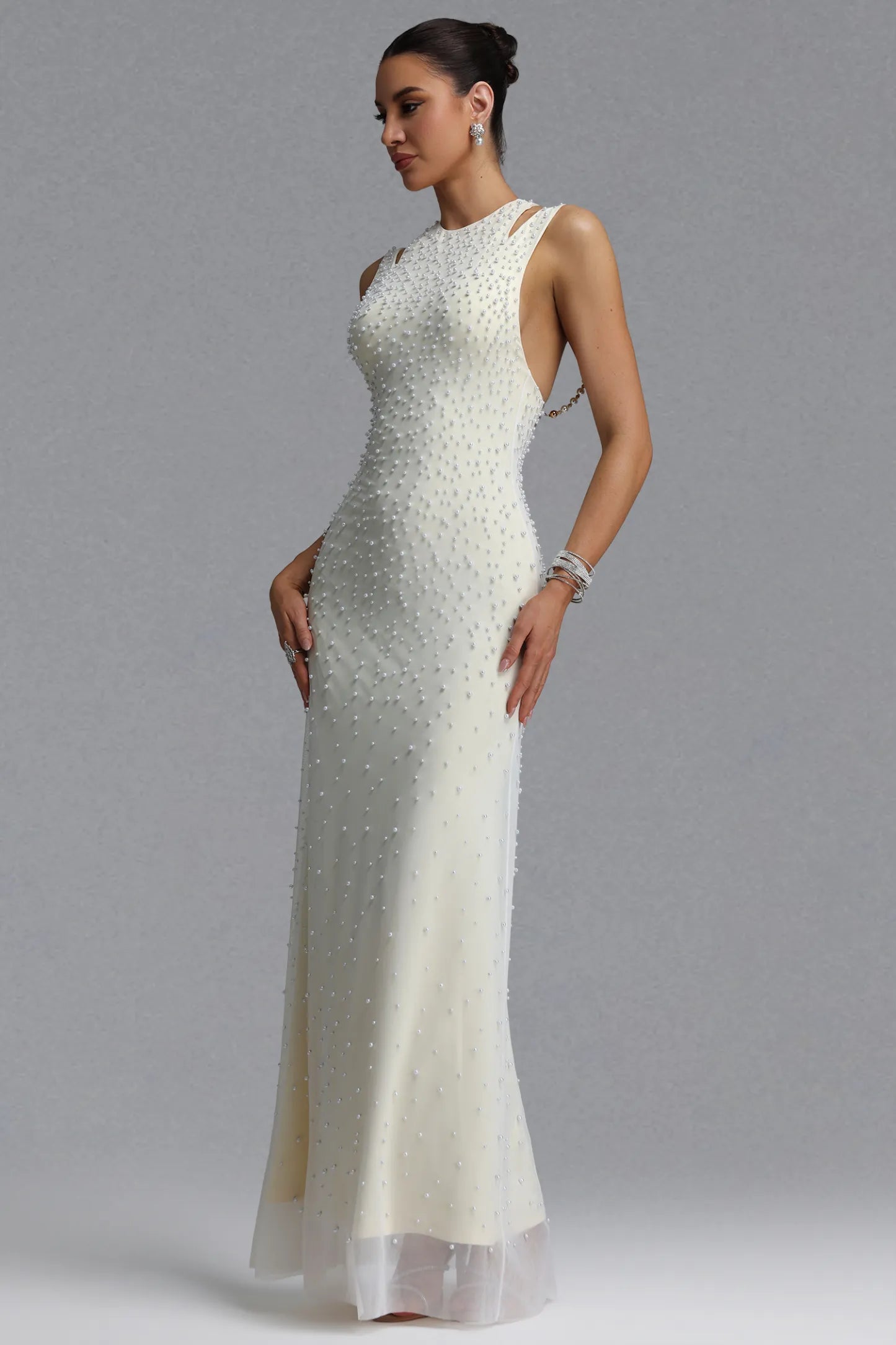 Ivory Pearl-Embellished Cutout Evening Gown
