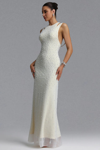 Ivory Pearl-Embellished Cutout Evening Gown