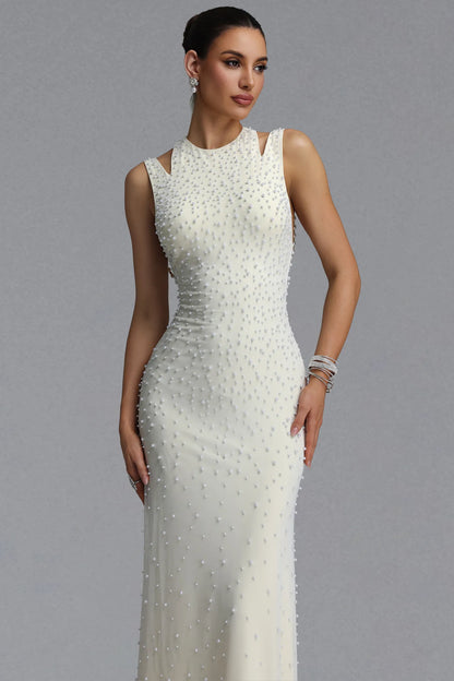 Ivory Pearl-Embellished Cutout Evening Gown