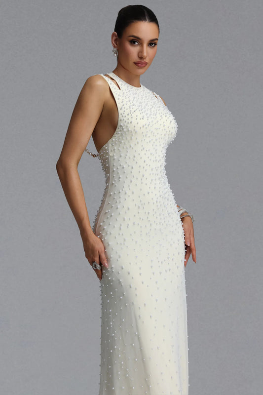 Ivory Pearl-Embellished Cutout Evening Gown