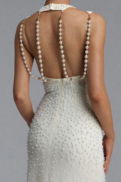Ivory Pearl-Embellished Cutout Evening Gown