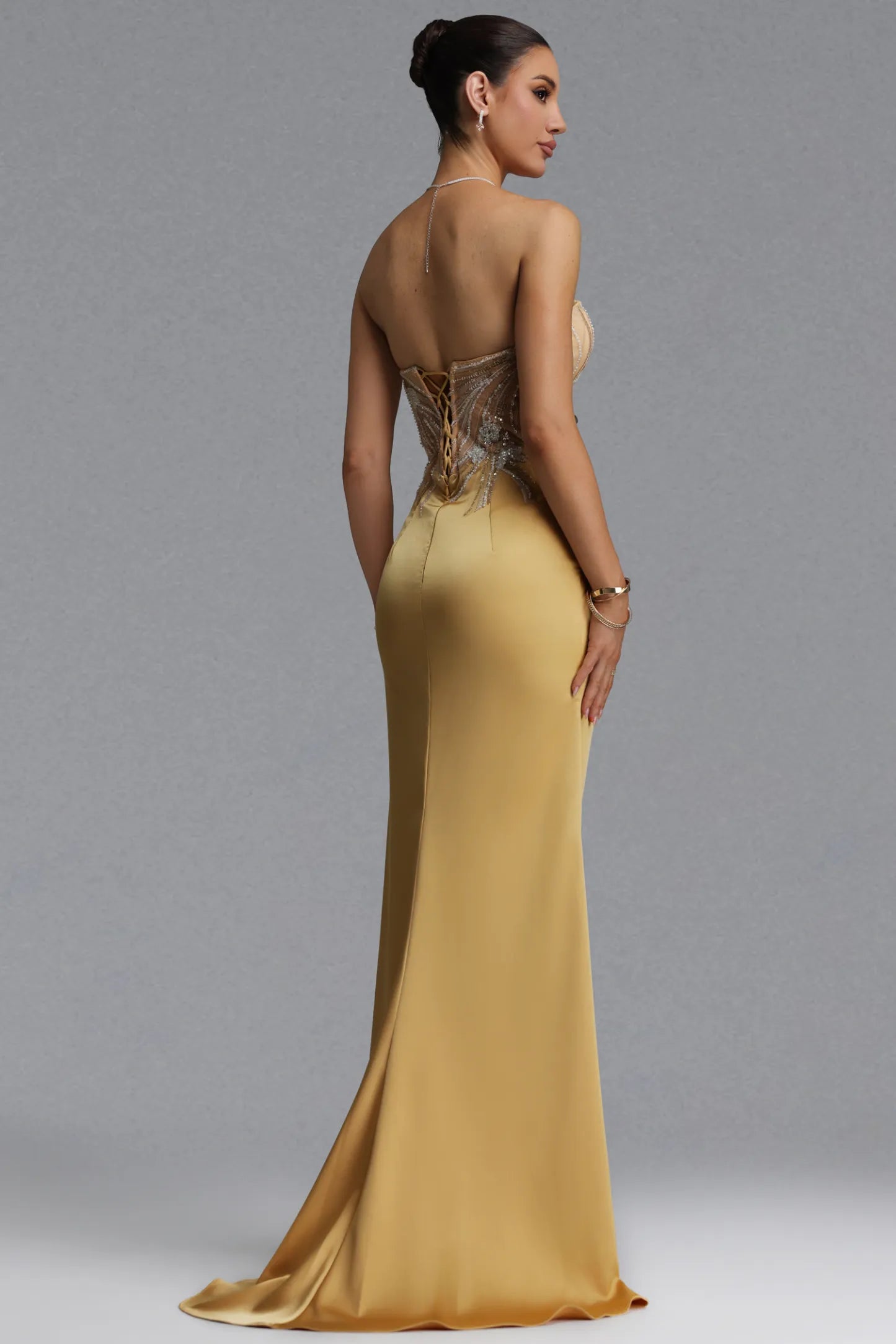 Champagne Gold Sculptural Illusion Evening Gown
