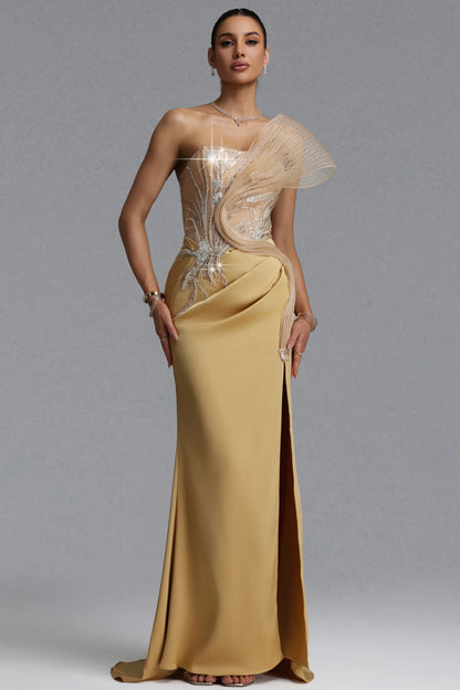 Champagne Gold Sculptural Illusion Evening Gown